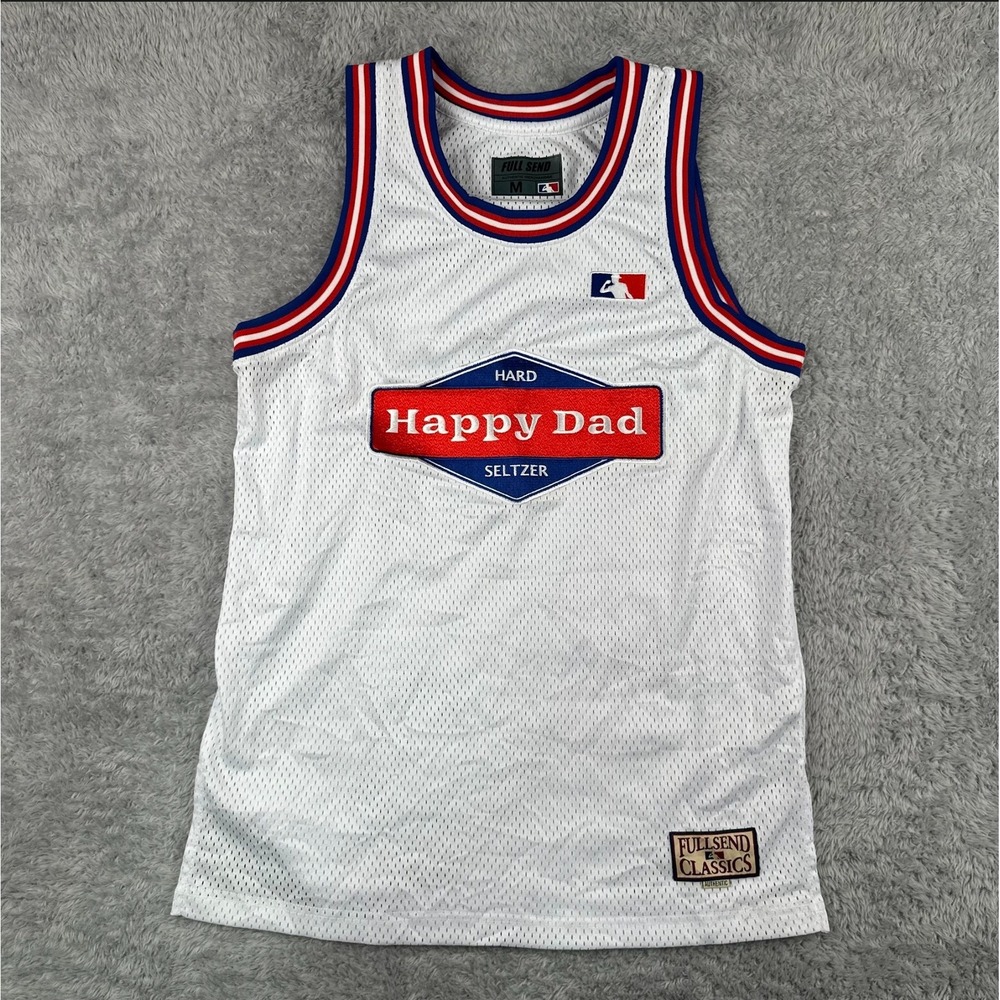Full Send Happy Dad Seltzer Basketball Jersey Mens Medium White Excellent Logo